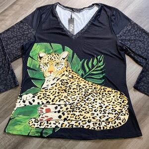 NWT Black Leopard Print V-Neck Maximalist Cat Junglecore Naturecore Top sz 3XL